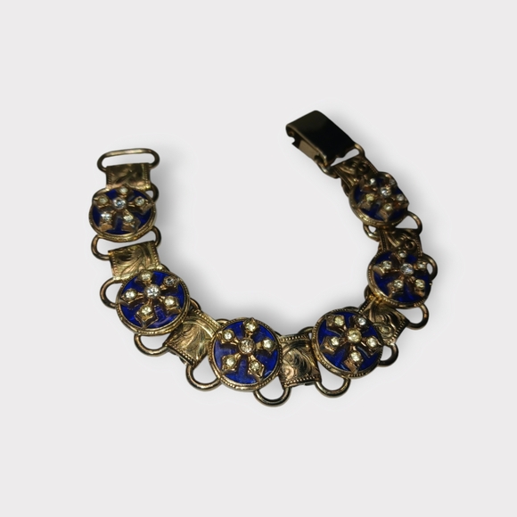 Vintage Silver Tone Bracelet Blue Enamel & Sky Blue-Green Rhinestones Elegant - Picture 5 of 12